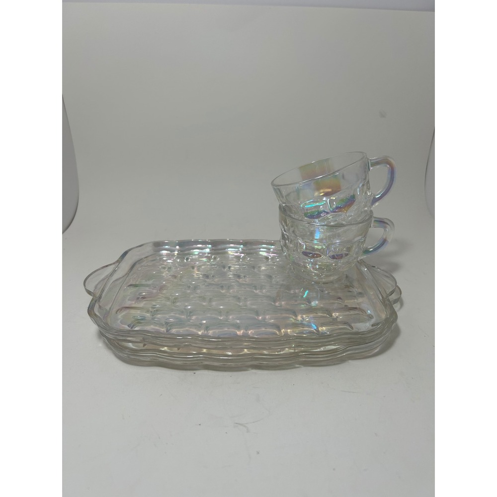 Vintage Federal Glass Moon Glow Iridescent Snack Set Trays and Cups 4pc Set